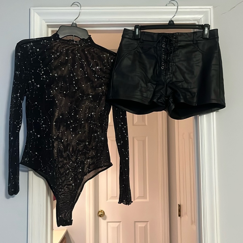 Black and silver bodysuit with black urethane/viscose shorts-size L